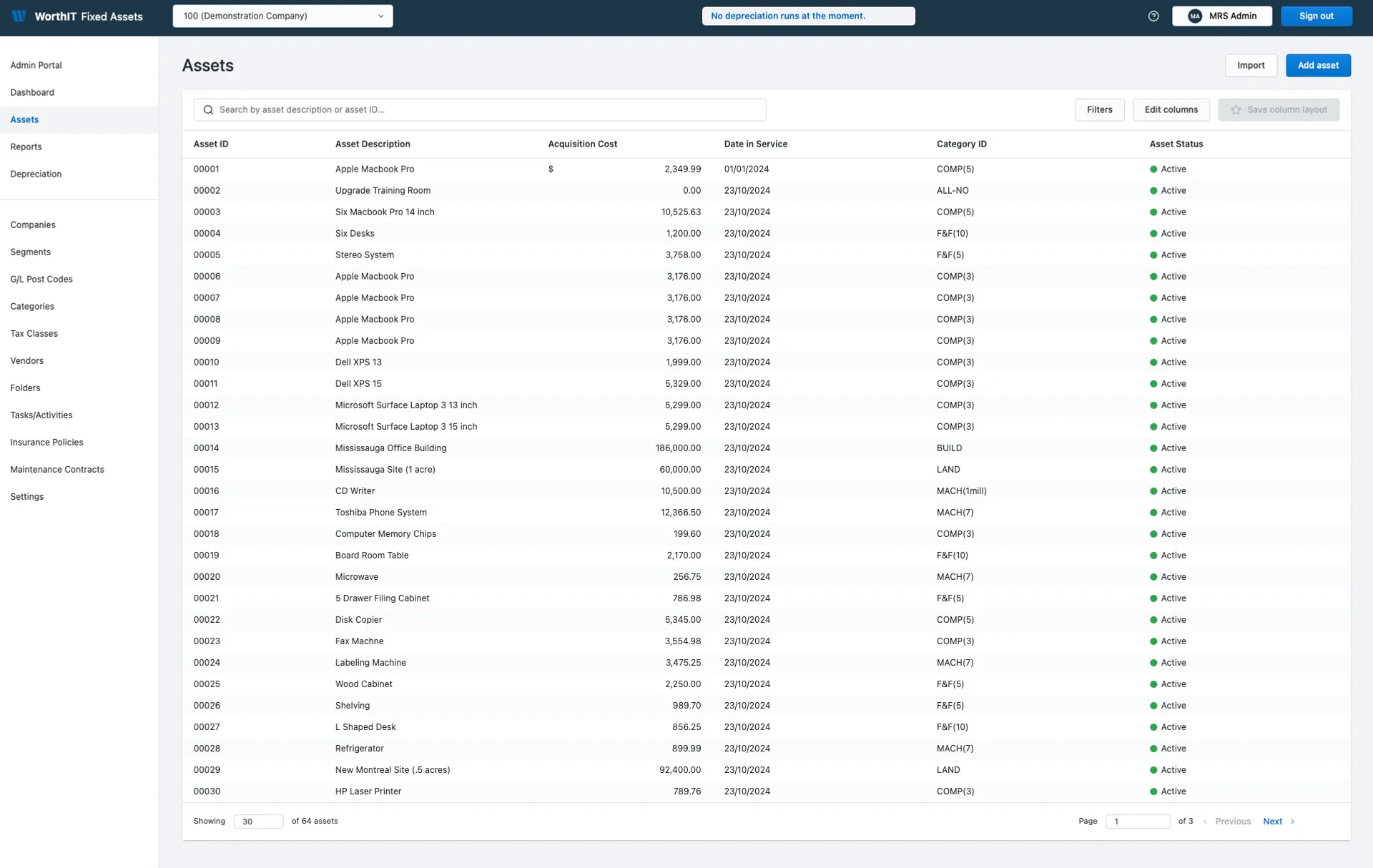 WorthIT Fixed Assets register showing a list of assets with descriptions, acquisition costs, service dates, categories, and status indicators