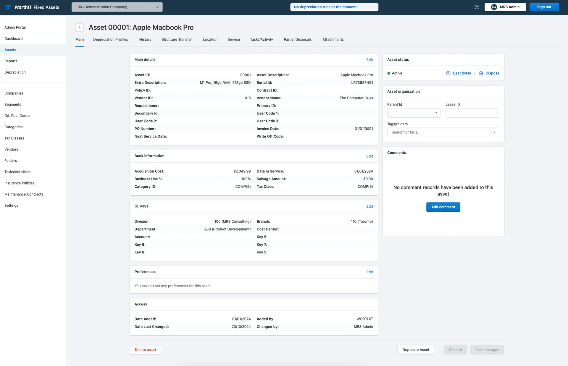 Asset detail page showing main details, book information, GL keys, and access history for an individual asset