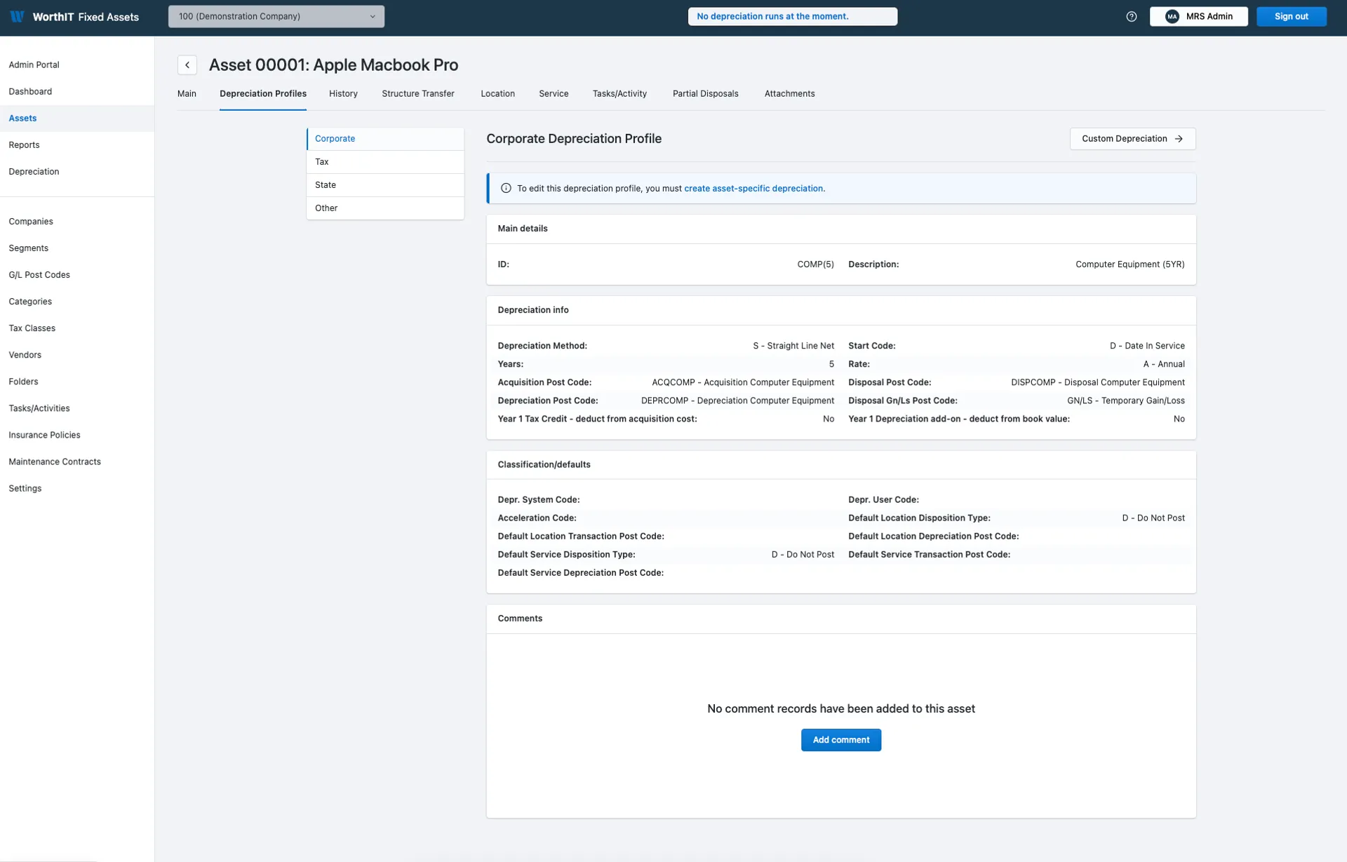 Depreciation Profiles tab showing four simultaneous books — Corporate, Tax, State, and Other — with depreciation method, rate, post codes, and classification details