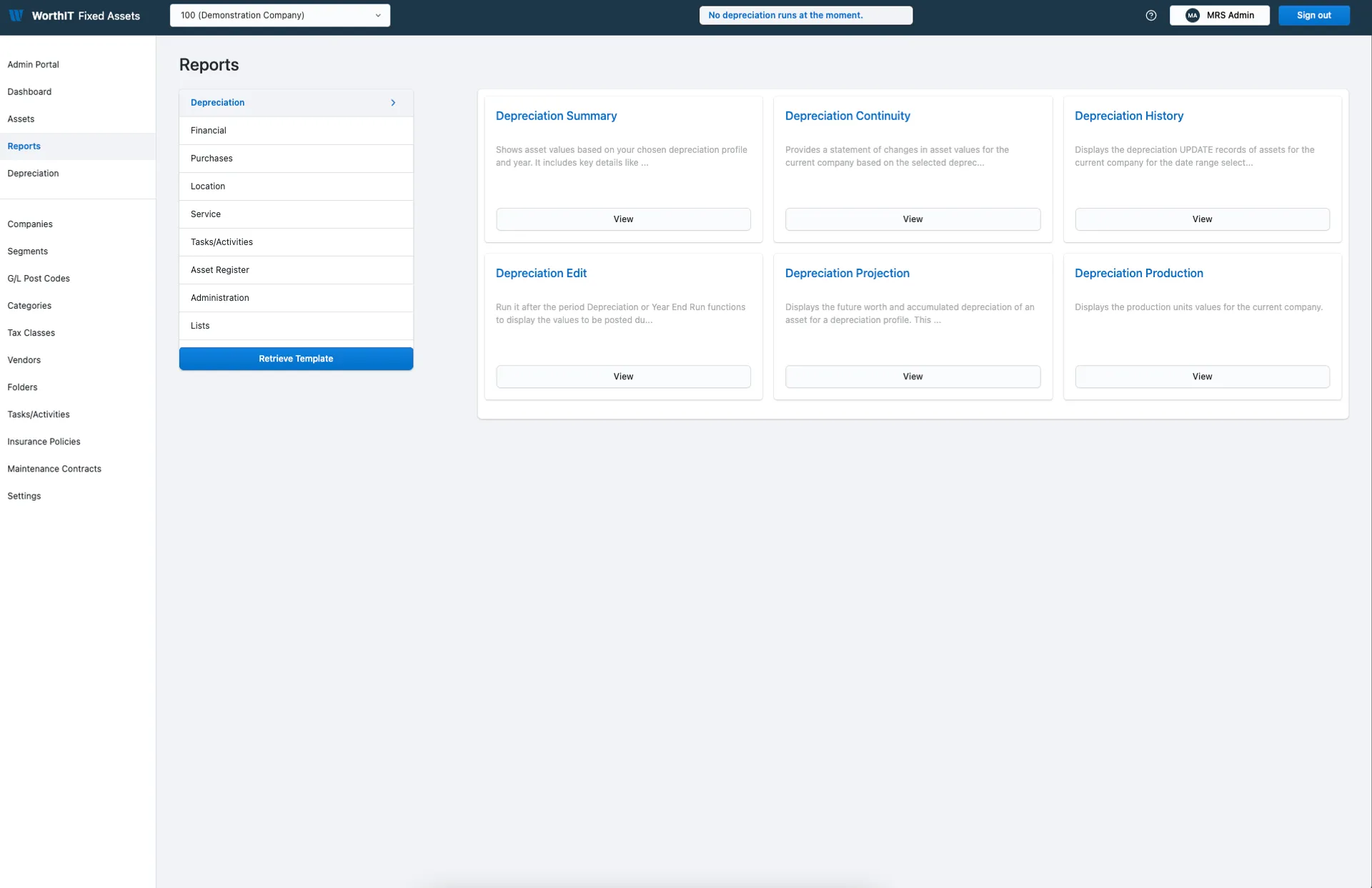Reports page showing depreciation report categories including summary, continuity, history, edit, projection, and production reports