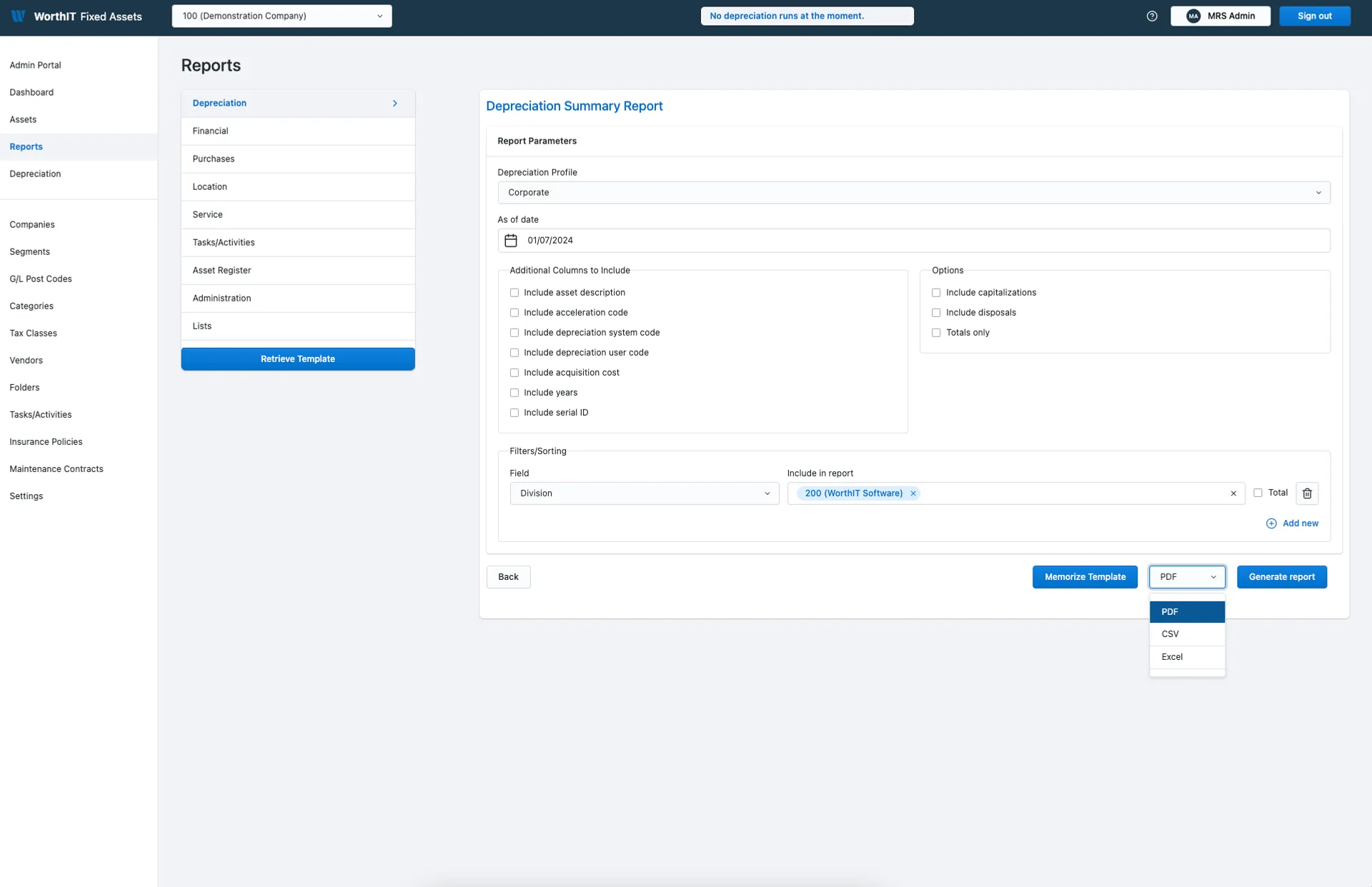Report configuration screen showing depreciation summary report with parameters for depreciation profile, date, column selection, filtering by division, and export to PDF, CSV, or Excel